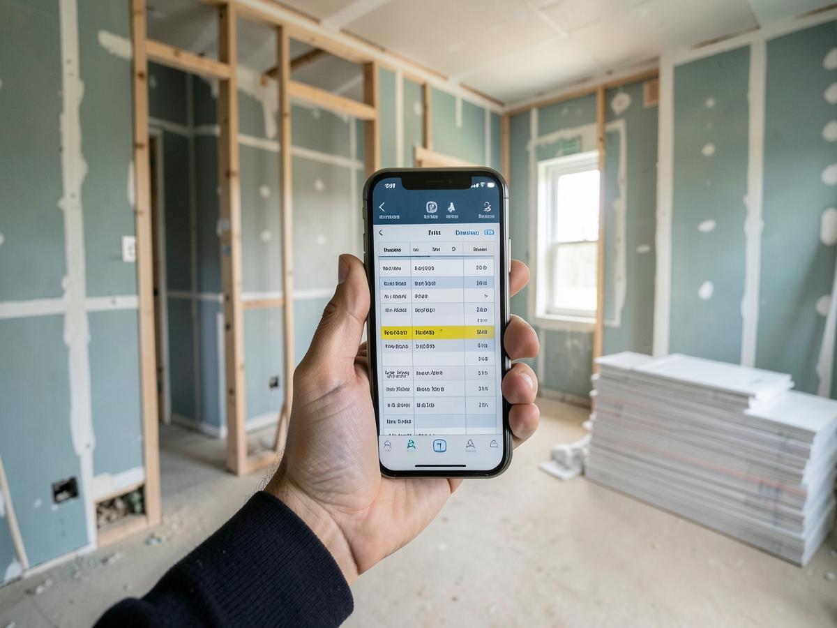 A superintendent checking the schedule on a phone inside an unfinished unit