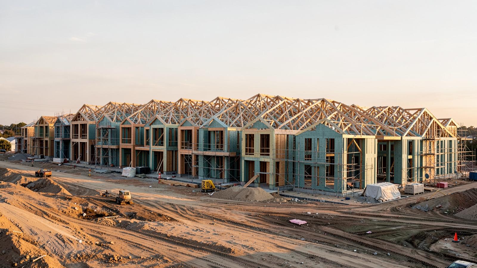 A row of framed townhome units under construction at golden hour