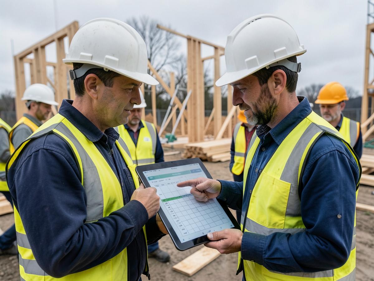 Two superintendents reviewing the takt schedule on a tablet at a framing site