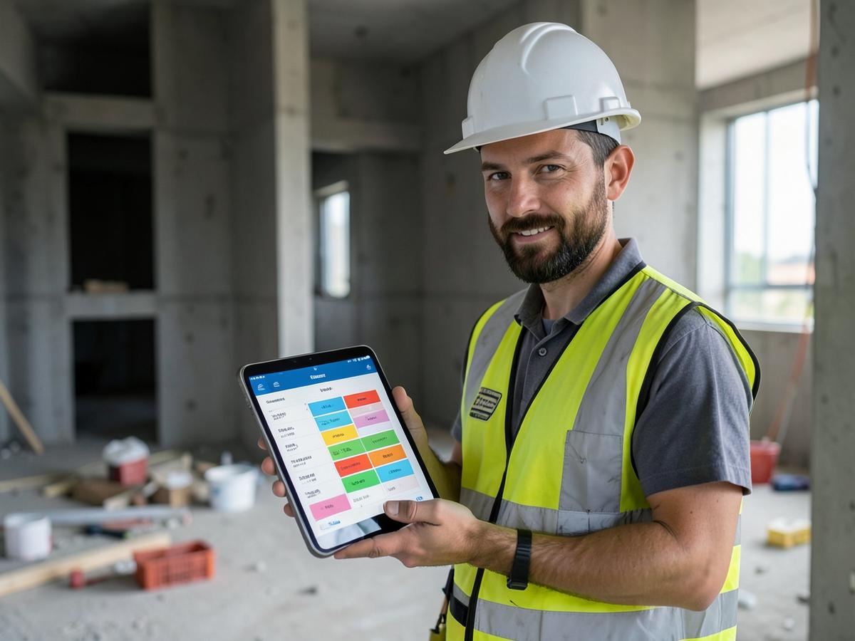 A project manager on site holding an iPad with the schedule open