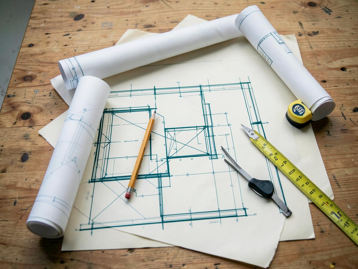 Rolled blueprints and layout tools on a plywood table